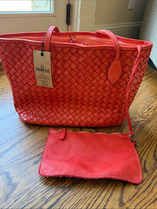Frank Exe Handbags - NWT Frank Exe Woven Orange Leather Tote Bag with Double Handles with inside bag